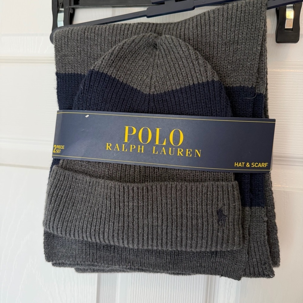 Polo by Ralph Lauren Gray and Navy Knit Hat & Scarf Set